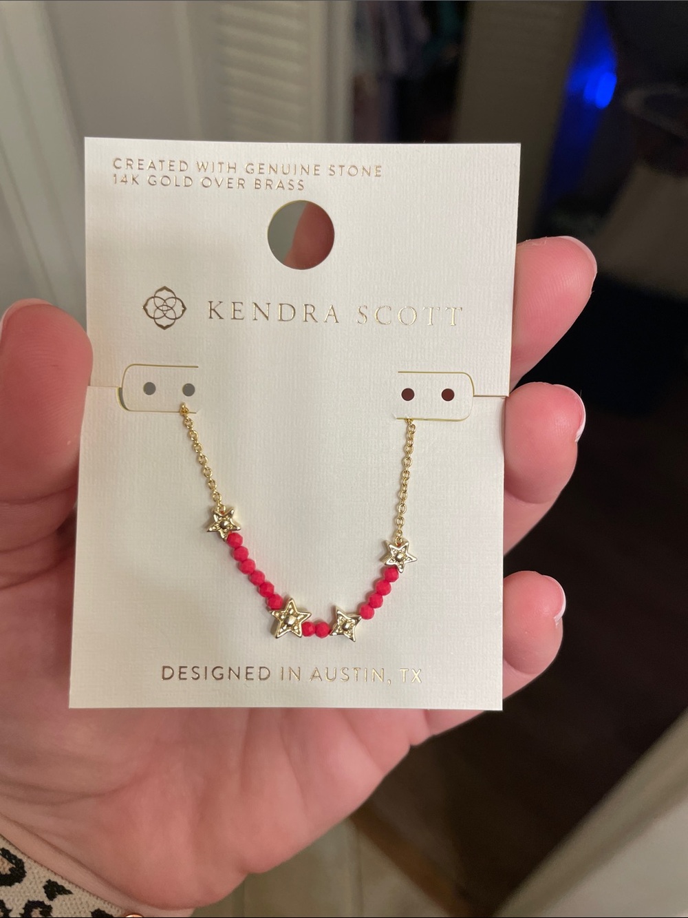 Kendra Scott Gold Chain Necklace with Coral Red Beads and Star Charms